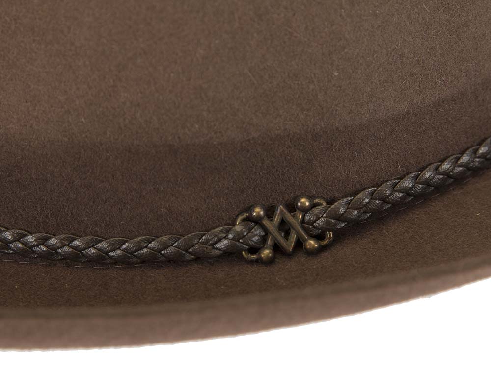 Brown unisex rabbit fur fedora hat, leather trim & buckle