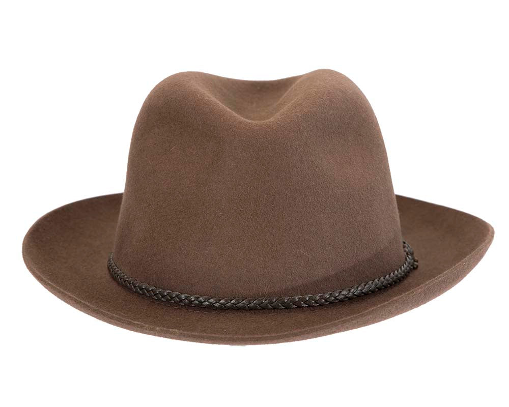 Brown unisex rabbit fur fedora hat, leather trim & buckle