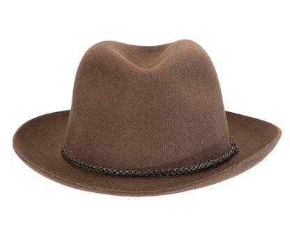 Brown unisex rabbit fur fedora hat, leather trim & buckle