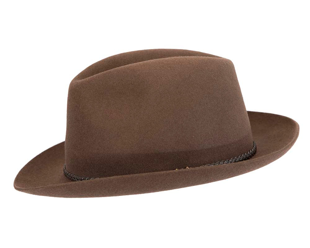 Brown unisex rabbit fur fedora hat, leather trim & buckle