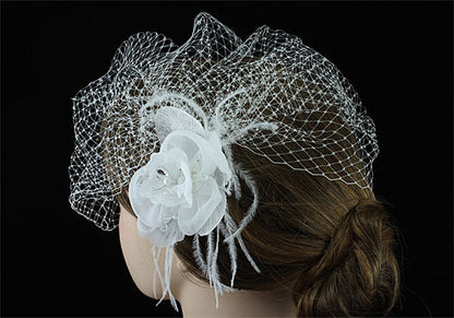 Bridal Wedding Off White Birdcage Netting Veil with Feathers Fascinator Flower XT1566