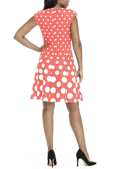 London Times Crew Neck Cap Sleeve Box Pleated Polka Dot Print Jersey Dress