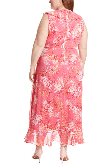London Times Trimmed Surplice V-Neckline Side-Tie Sash Hemline Ruffle Wrap Maxi Silhouette Dress (Plus Size)-1