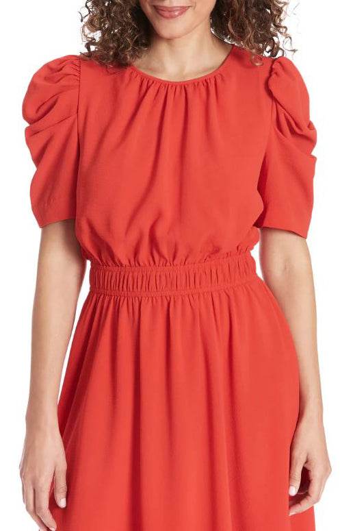 London Times Shirred Jewel Neck Puff Sleeve Midi Dress-2