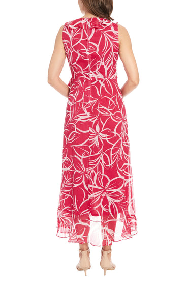 London Times Sleeveless V-Neckline Back Zipper Closure Side-Tie Wrap Silhouette Flared Skirt High-Low Hem Maxi Dress-1