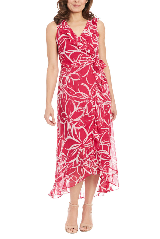 London Times Sleeveless V-Neckline Back Zipper Closure Side-Tie Wrap Silhouette Flared Skirt High-Low Hem Maxi Dress-0