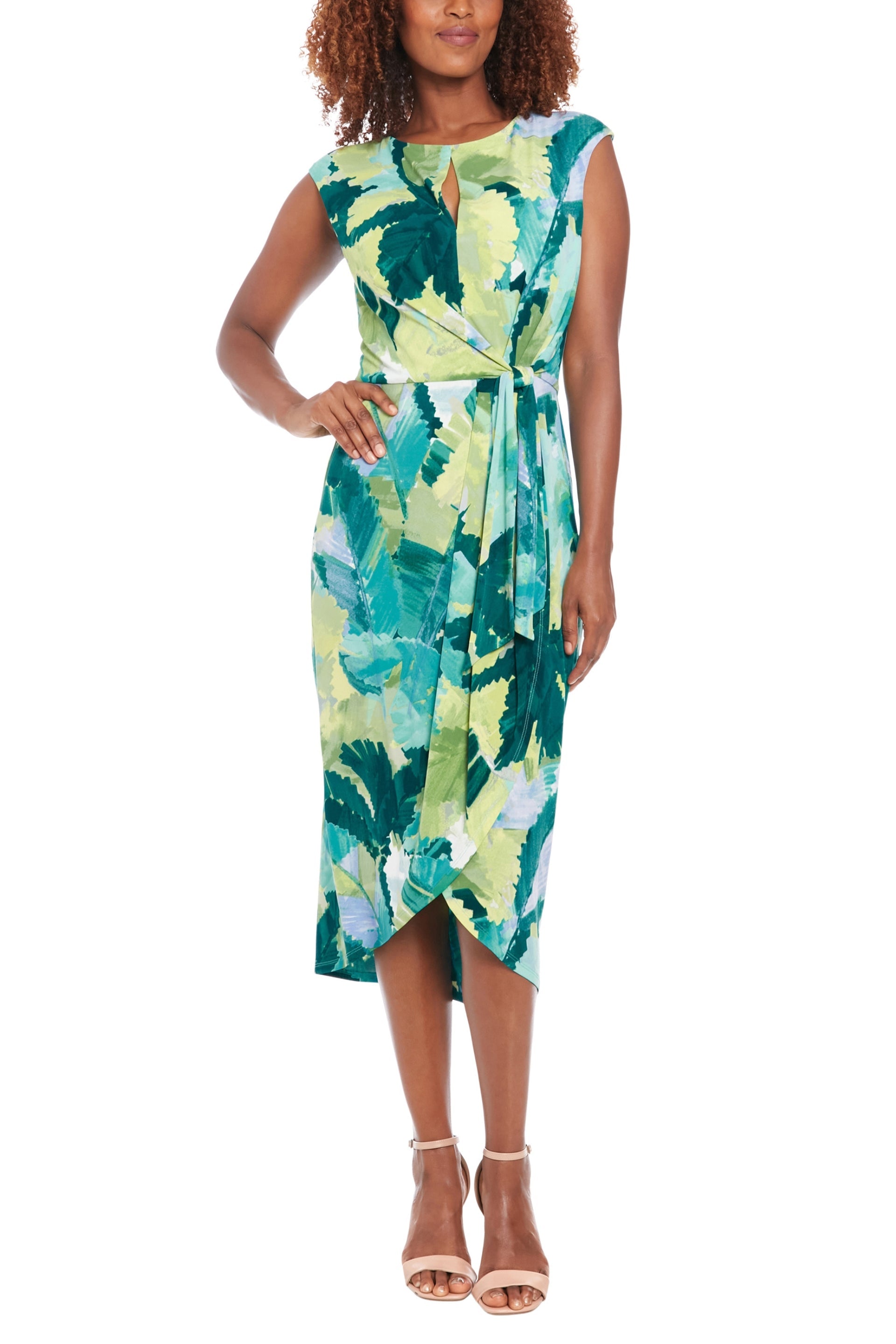 London Times Keyhole Neckline Sleeveless Waist Tie Tulip Hem Sheath Silhouette Midi Dress-0