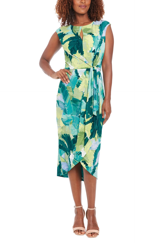 London Times Keyhole Neckline Sleeveless Waist Tie Tulip Hem Sheath Silhouette Midi Dress-0