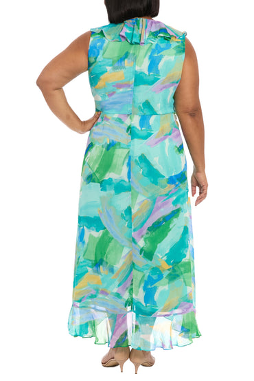 London Times Flattering V-Neckline Flowing Skirt Rosie Maxi Dress (Plus Size)-1