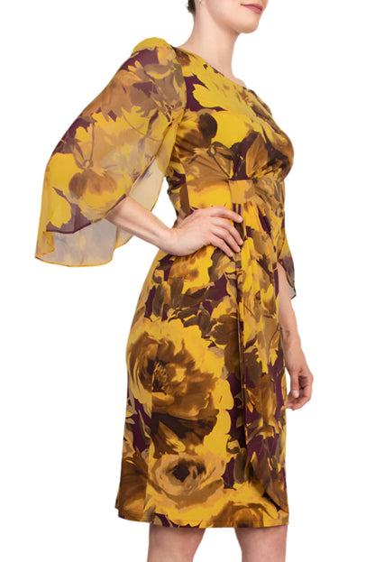 Connected Apparel Earthy Floral Boat Neckline Organza Cuffs Faux Wrap Sheath Dress-2