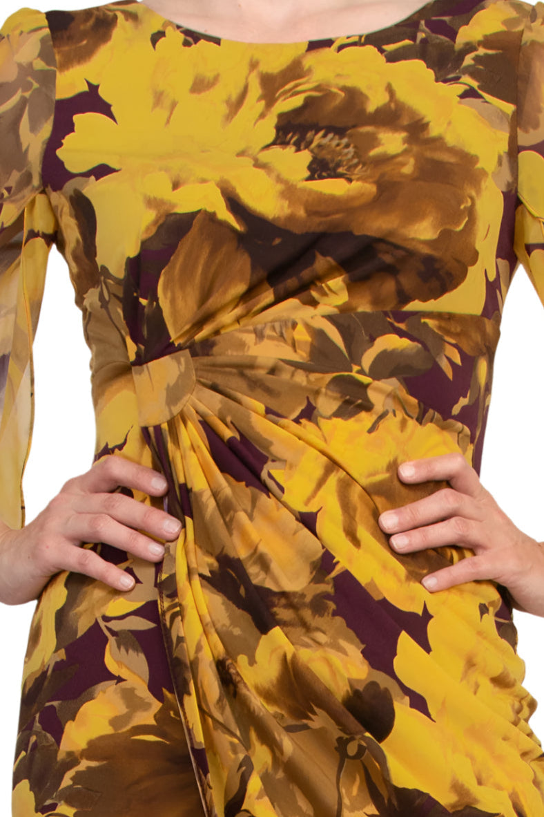 Connected Apparel Earthy Floral Boat Neckline Organza Cuffs Faux Wrap Sheath Dress-4