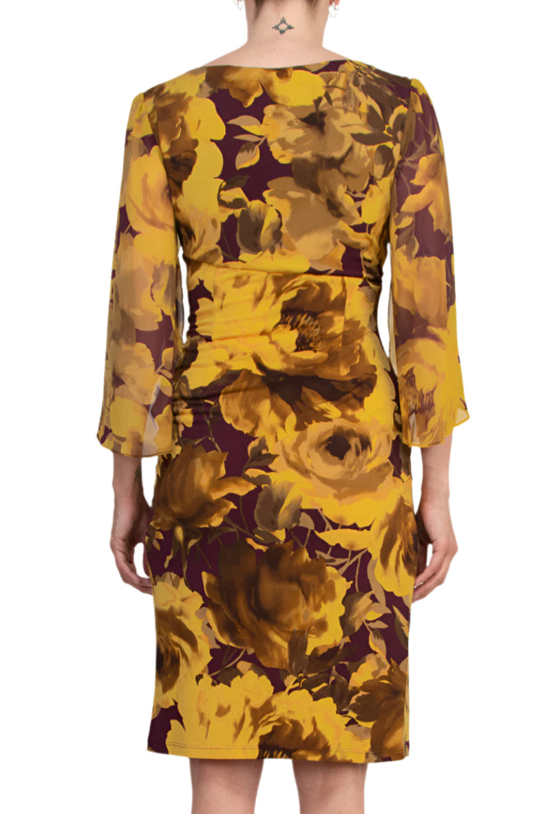 Connected Apparel Earthy Floral Boat Neckline Organza Cuffs Faux Wrap Sheath Dress-3
