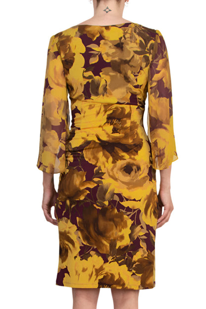Connected Apparel Earthy Floral Boat Neckline Organza Cuffs Faux Wrap Sheath Dress-3