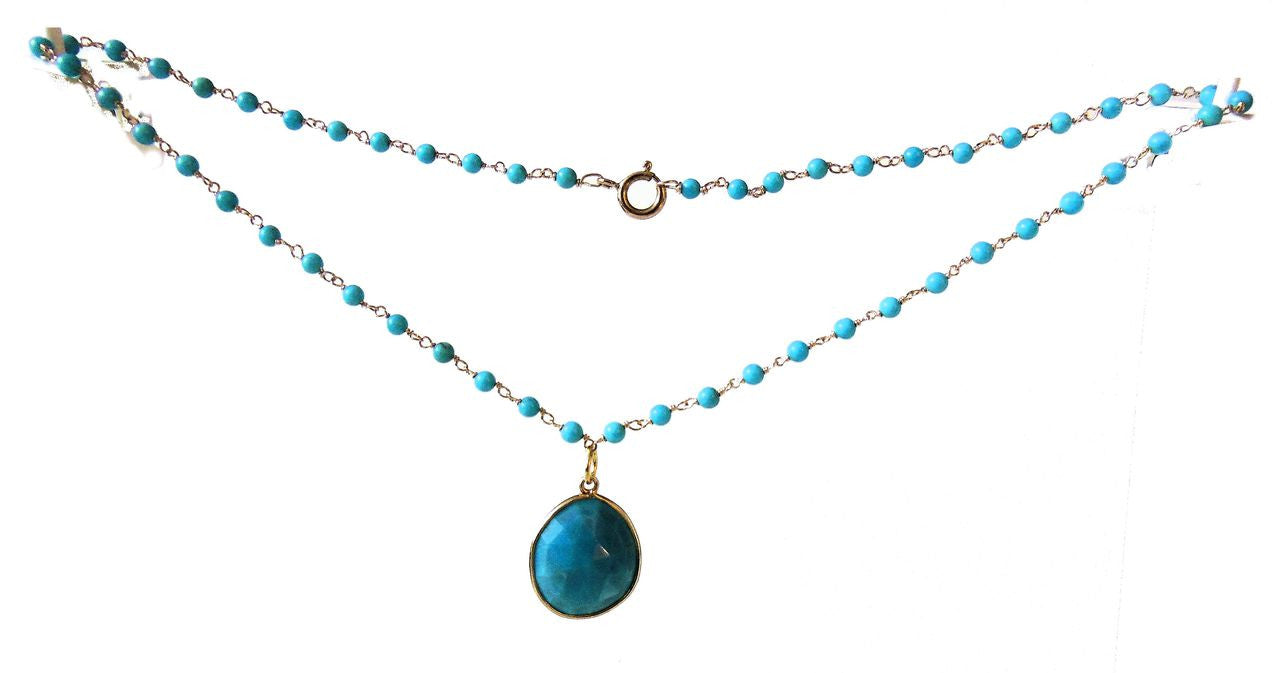 Turquoise pendant on beaded twisted wire necklace.
