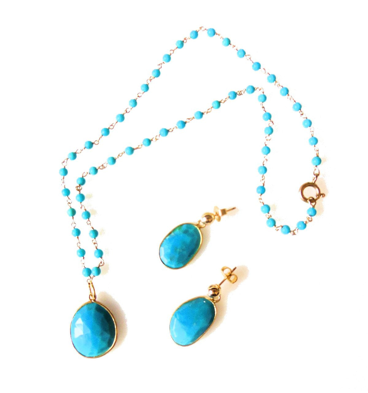 Turquoise pendant on beaded twisted wire necklace.
