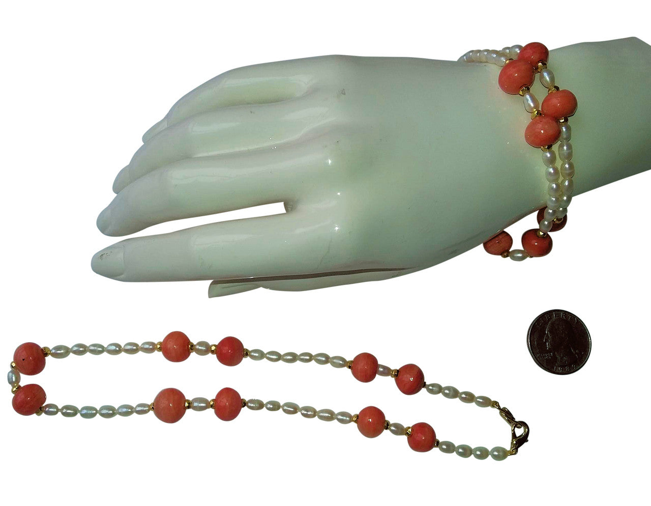 Necklace: Vintage Coral Color Glass Beads, Faceted Gold Pyrite, Chinese Freshwater Rice Pearls