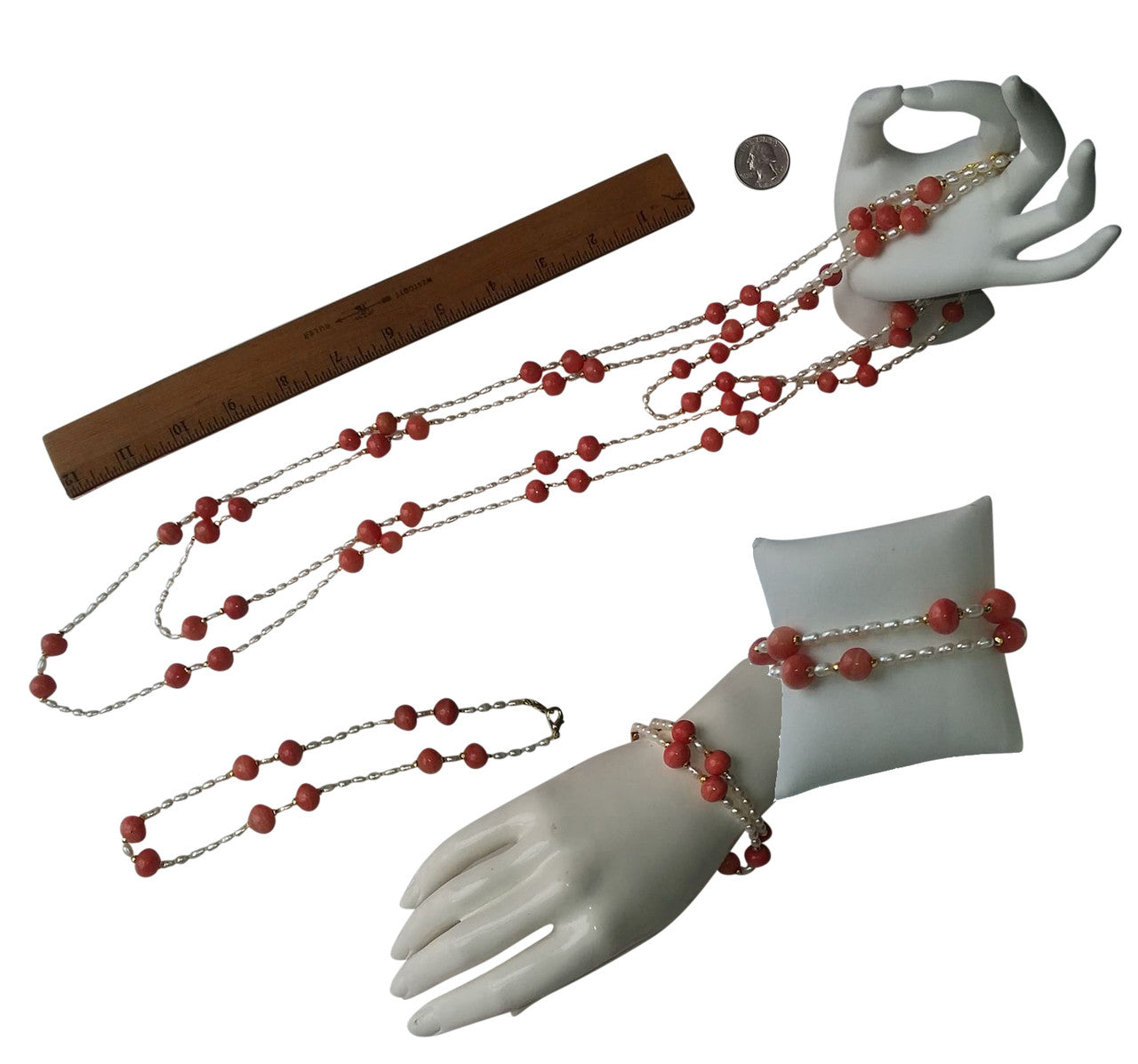 Necklace: Vintage Coral Color Glass Beads, Faceted Gold Pyrite, Chinese Freshwater Rice Pearls