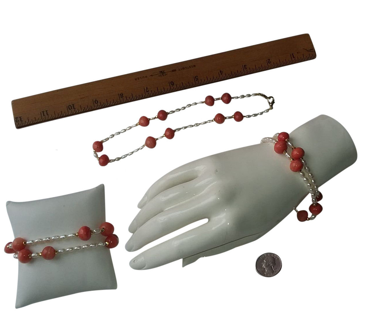 Necklace: Vintage Coral Color Glass Beads, Faceted Gold Pyrite, Chinese Freshwater Rice Pearls