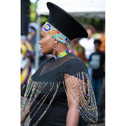 Zulu Wide Black Basket Hat with Removable Beaded Band
