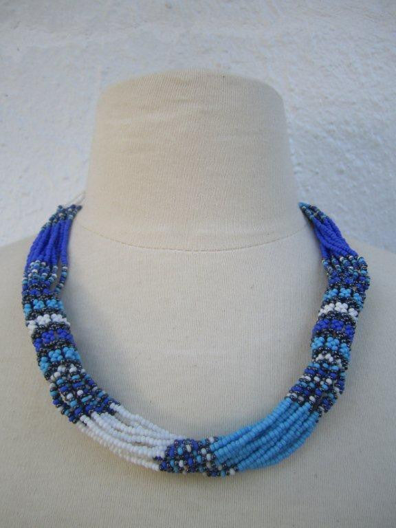 Zulu Strand Short Necklace Blue White and Grey 22 inches
