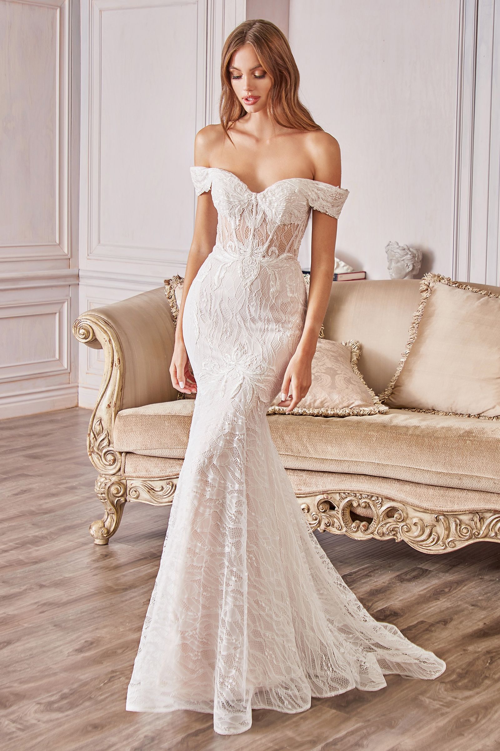 Jolie Lace Mermaid Embroidered Skirt Sheer Sensual Off Shoulder Bodice Long Bridal Dress CDA0666W