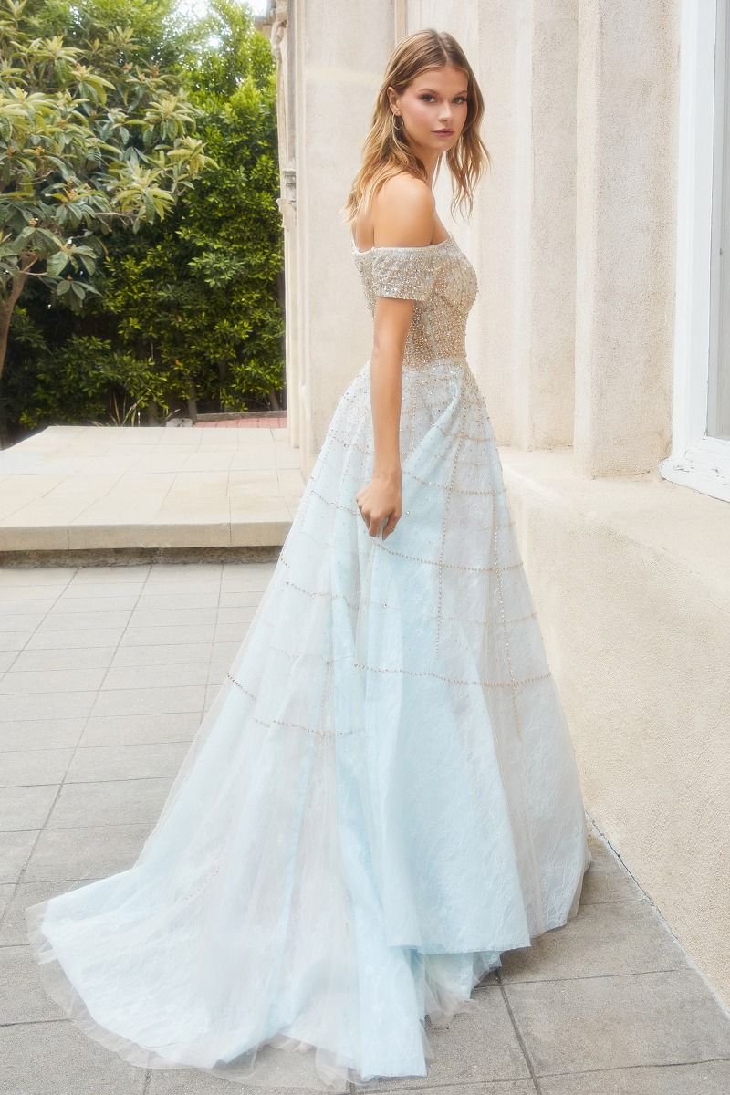 Off The Shoulder Short Sleeve Bodice Sequin Beaded Embellished Long Prom Dress CDA0724