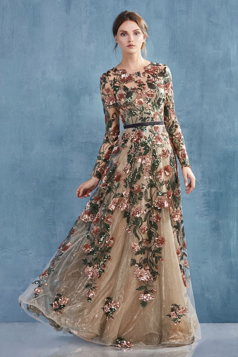 Savannah Sequin Floral Petal Long Sleeves Long Bridesmaid & Mother of Bride Dress CDA0926-3