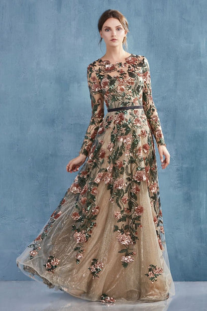 Savannah Sequin Floral Petal Long Sleeves Long Bridesmaid & Mother of Bride Dress CDA0926-3