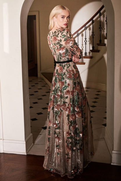 Savannah Sequin Floral Petal Long Sleeves Long Bridesmaid & Mother of Bride Dress CDA0926-1