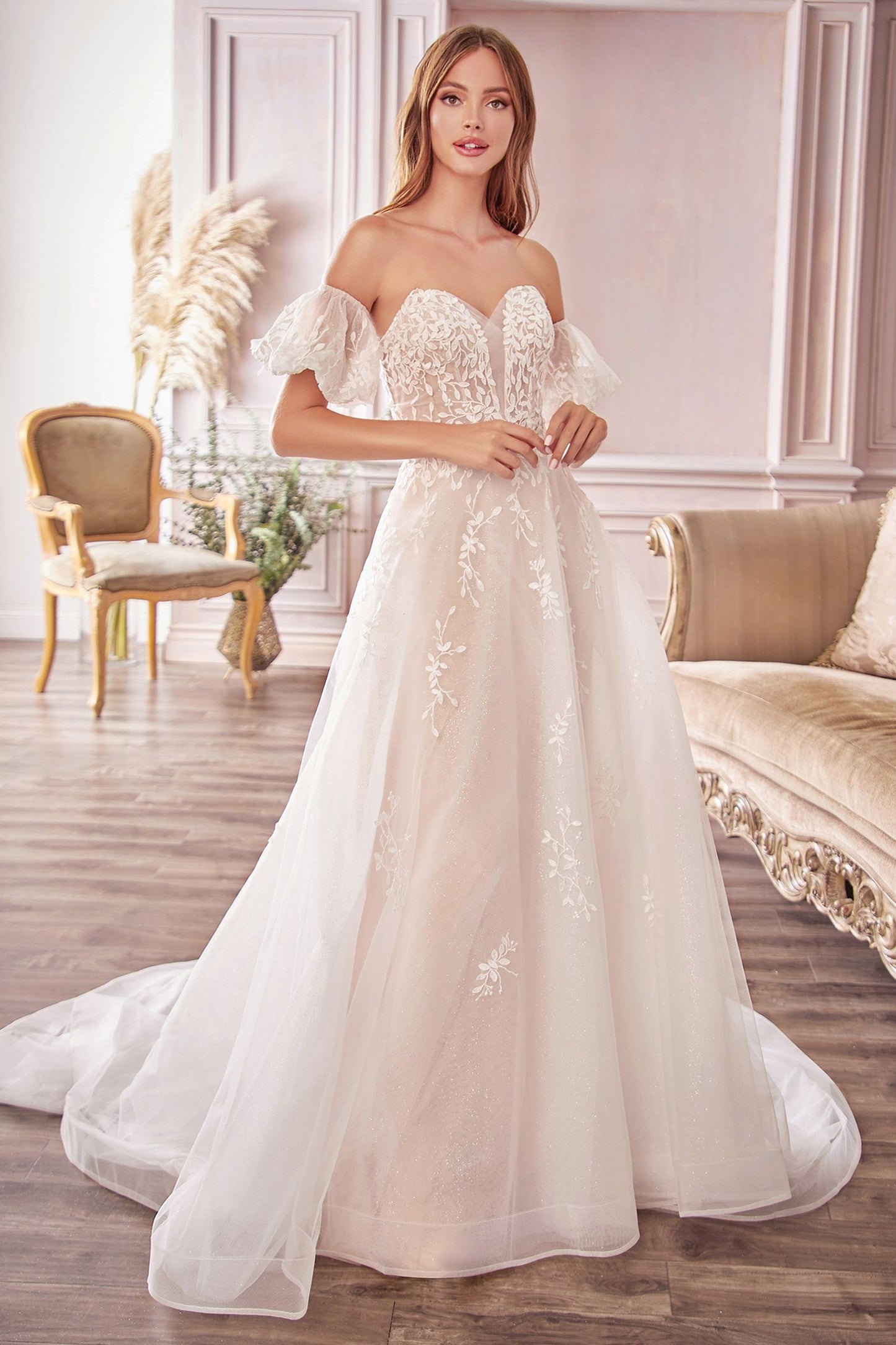 Off-Shoulder Floral Lace Wedding Gown with Puff Sleeves & Tulle Train  CDA1014-2