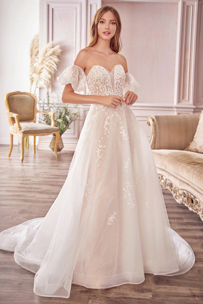 Off-Shoulder Floral Lace Wedding Gown with Puff Sleeves & Tulle Train  CDA1014-2