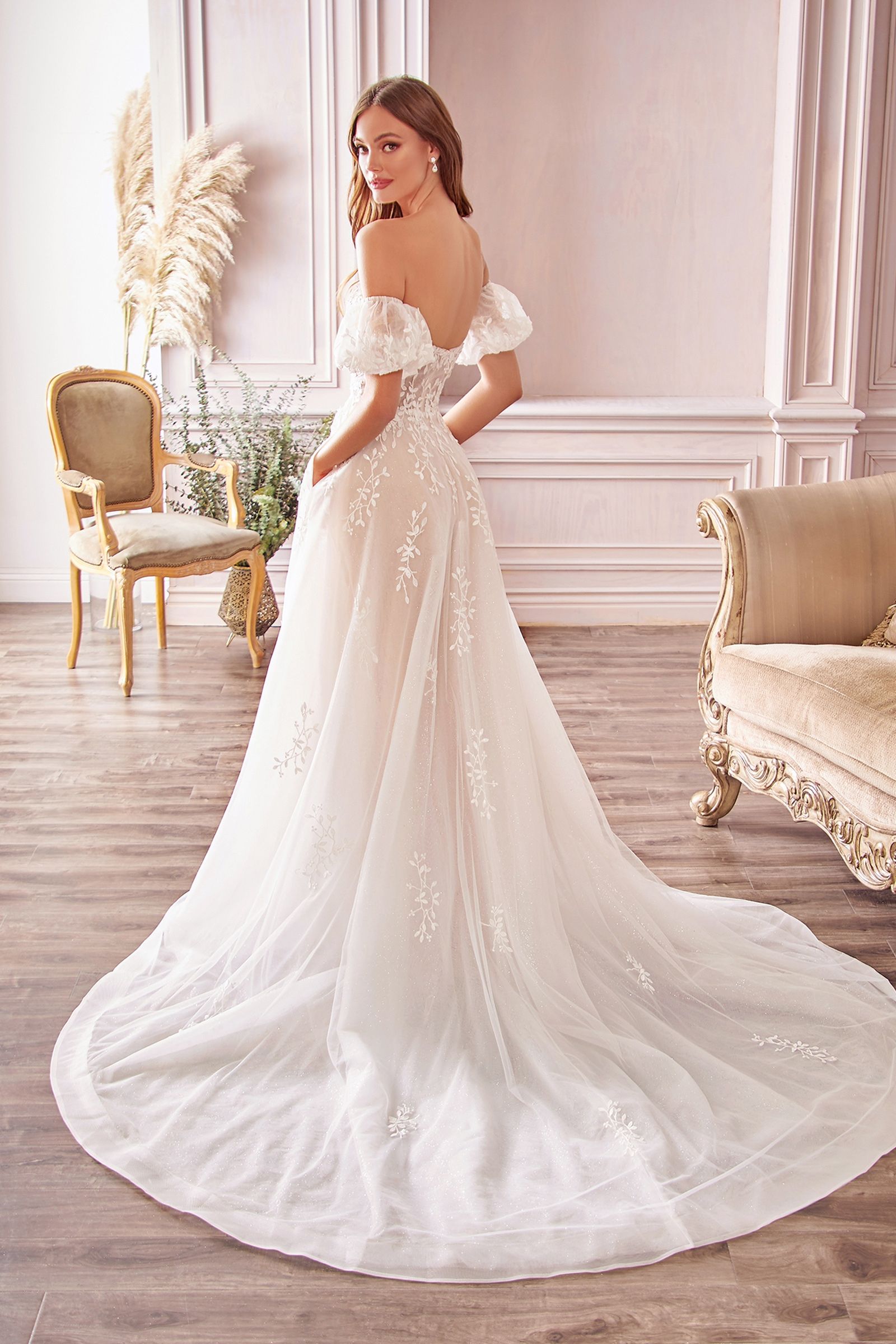 Off-Shoulder Floral Lace Wedding Gown with Puff Sleeves & Tulle Train  CDA1014-1