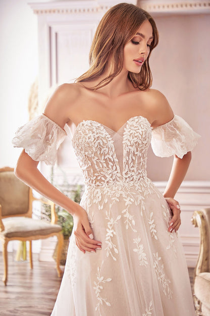 Off-Shoulder Floral Lace Wedding Gown with Puff Sleeves & Tulle Train  CDA1014-3