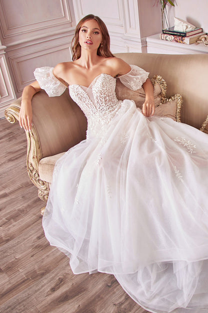 Off-Shoulder Floral Lace Wedding Gown with Puff Sleeves & Tulle Train  CDA1014-4