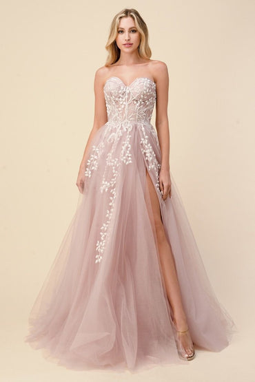 Corset Strapless Floral Appliqué A-line Glittery Skirt Sweetheart Bodice Leg Slit Long Prom Dress CDA1029