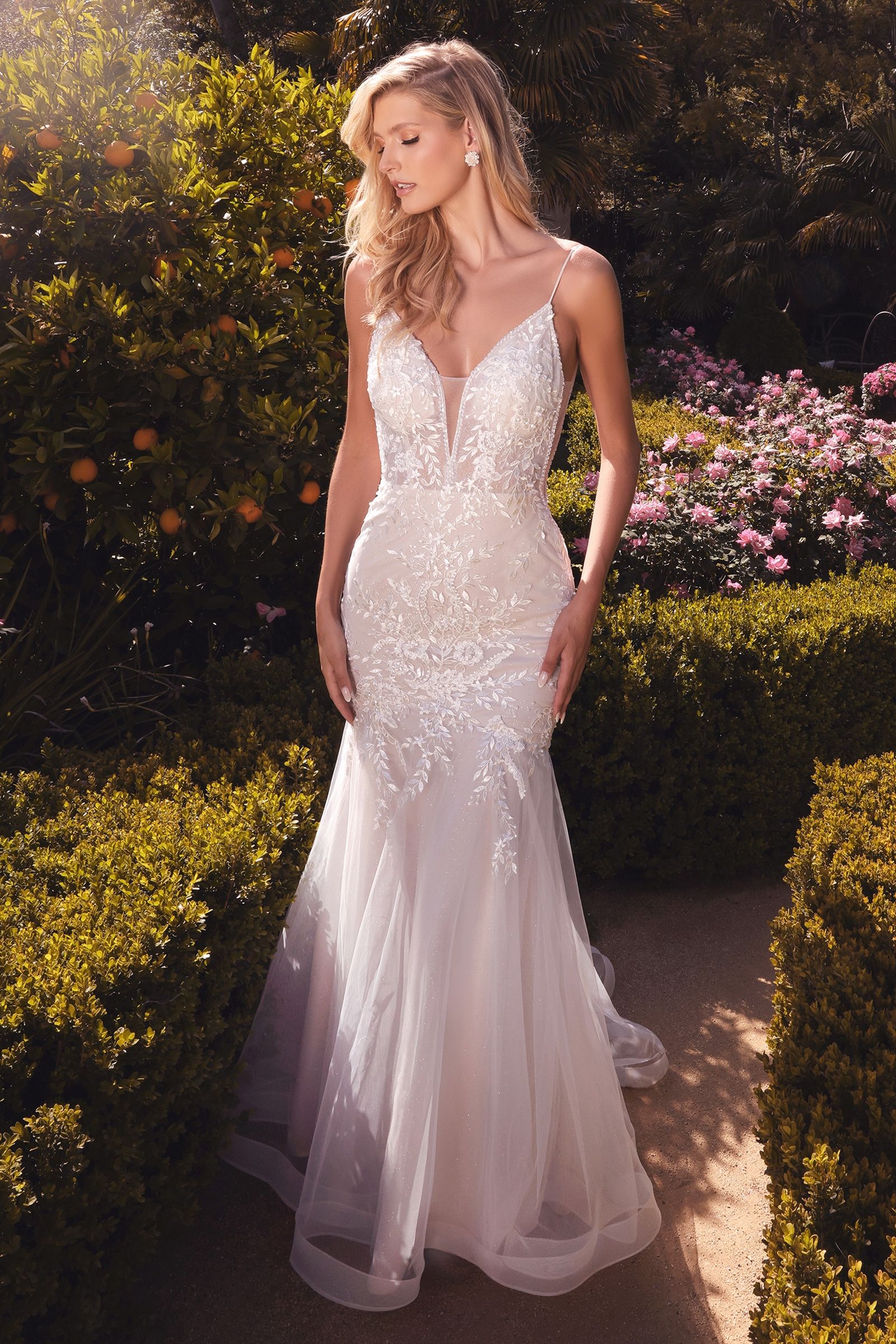 Floral Embellished Mermaid Fitted Bodice Detachable Bow Straps Long Wedding Dress CDA1039W