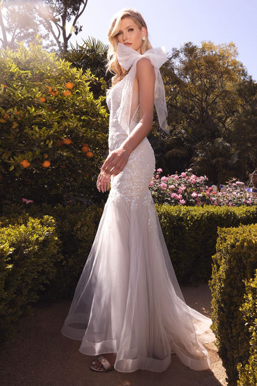 Floral Embellished Mermaid Fitted Bodice Detachable Bow Straps Long Wedding Dress CDA1039W