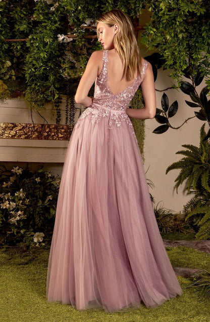 Sade Lace Tulle Vintage Floral V-neck Bodice Pointy Open Back Long Prom Dress CDA1045
