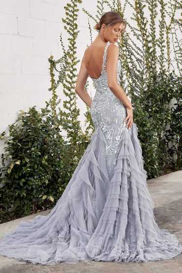 Tsarina Ruffle Deep V-neck Embroidered Backless Bodice Mermaid Long Ball & Prom Dress CDA1062-1