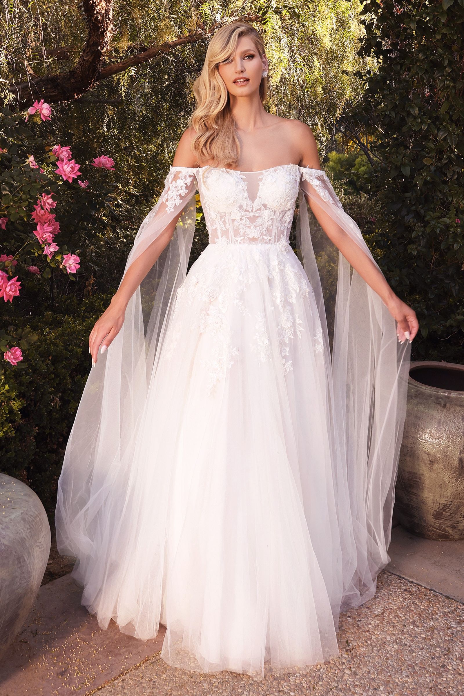 Isabel Sheer Straight Neck Off Shoulder Floating Sleeves Appliqué Long Wedding Dress CDA1080W