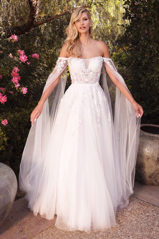 Isabel Sheer Straight Neck Off Shoulder Floating Sleeves Appliqué Long Wedding Dress CDA1080W