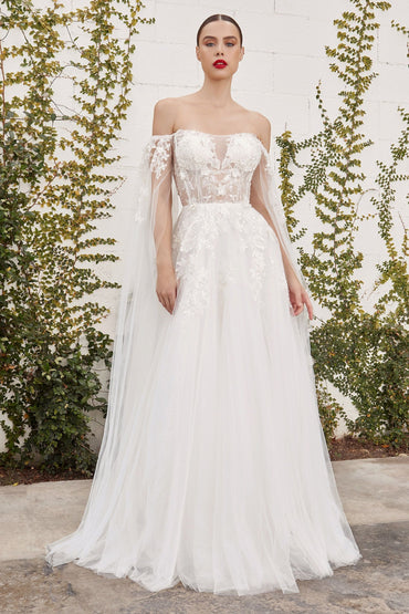 Isabel Sheer Straight Neck Off Shoulder Floating Sleeves Appliqué Long Wedding Dress CDA1080W