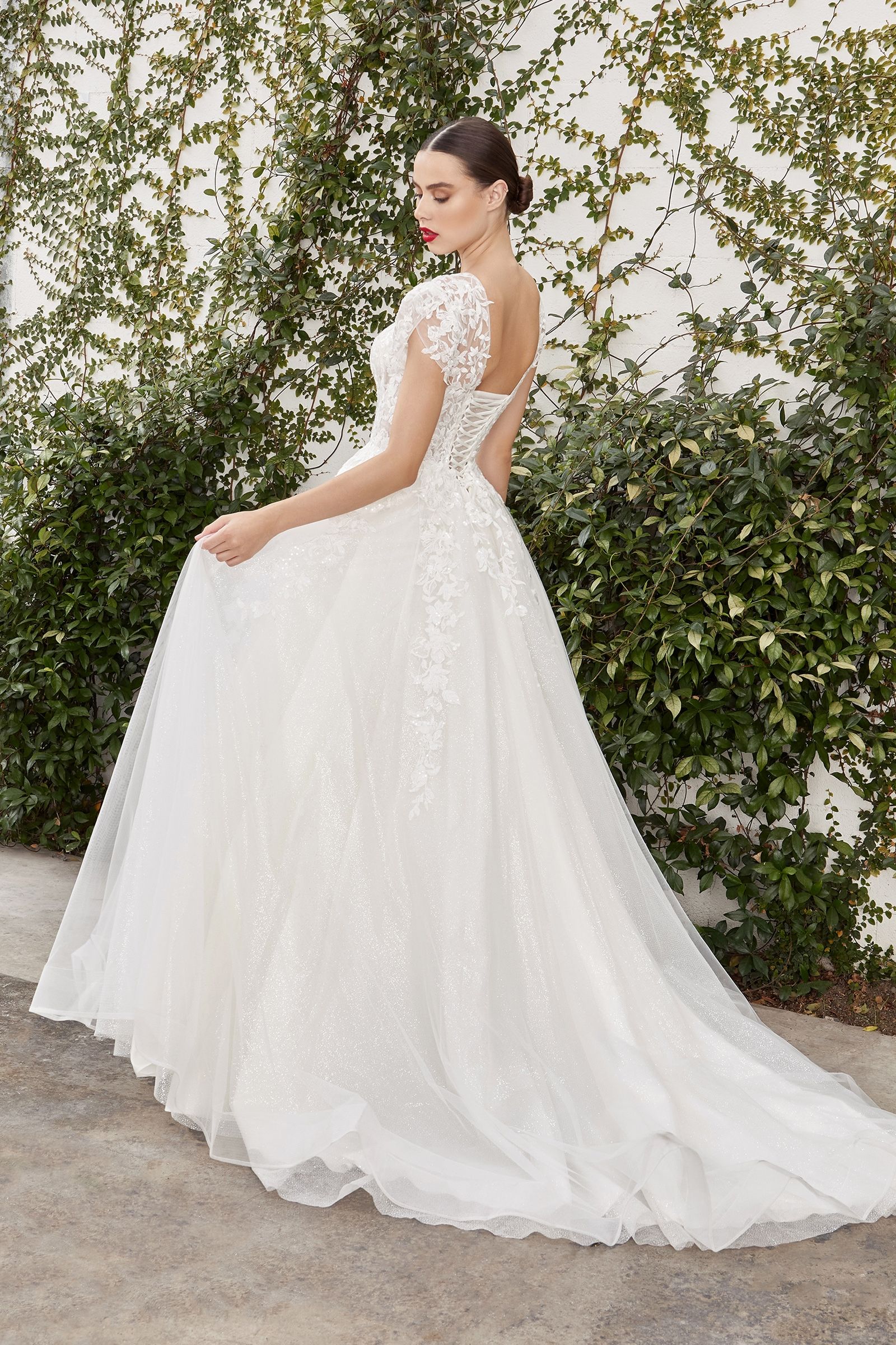 Sofian Vintage Short Sleeve Embroidered Bodice Floral Deep V-neck Wedding Dress CDA1082W-2