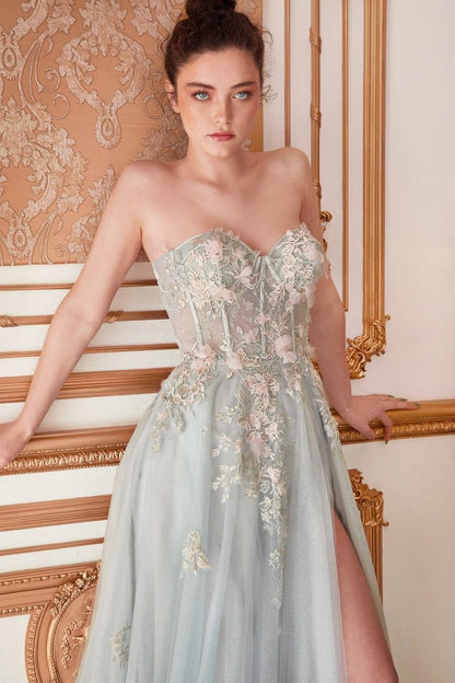 Penelope Blossom Floral Strapless Sheer Corset Bodice A-line Long Prom & Bridesmaid Dress CDA1089-1