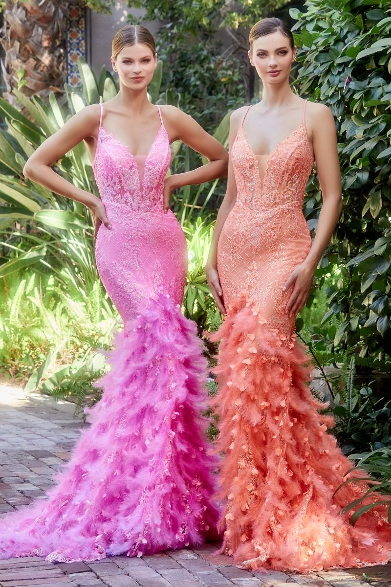 Feather Mermaid Deep V-neck Mid Open Back Laced Bodice Long Prom & Bridemaid Dress CDA1116-2