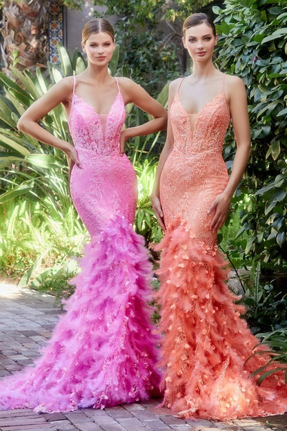 Feather Mermaid Deep V-neck Mid Open Back Laced Bodice Long Prom & Bridemaid Dress CDA1116-2