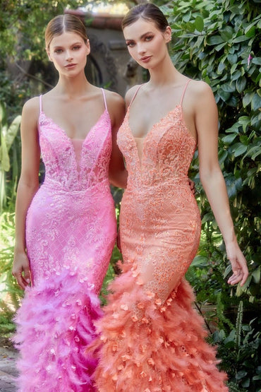 Feather Mermaid Deep V-neck Mid Open Back Laced Bodice Long Prom & Bridemaid Dress CDA1116-1