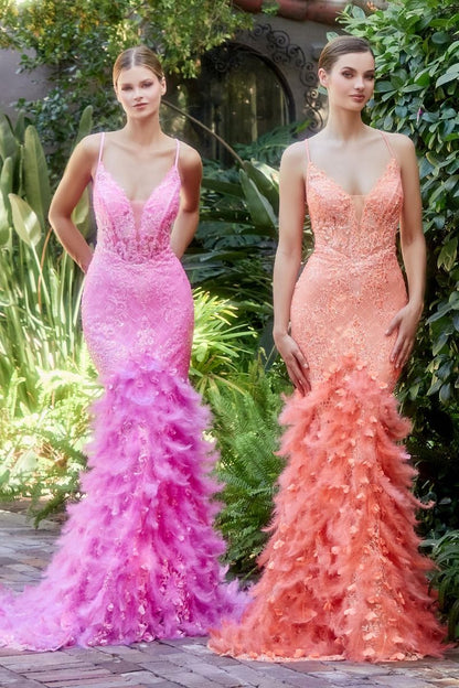 Feather Mermaid Deep V-neck Mid Open Back Laced Bodice Long Prom & Bridemaid Dress CDA1116-0