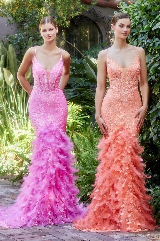 Feather Mermaid Deep V-neck Mid Open Back Laced Bodice Long Prom & Bridemaid Dress CDA1116-0