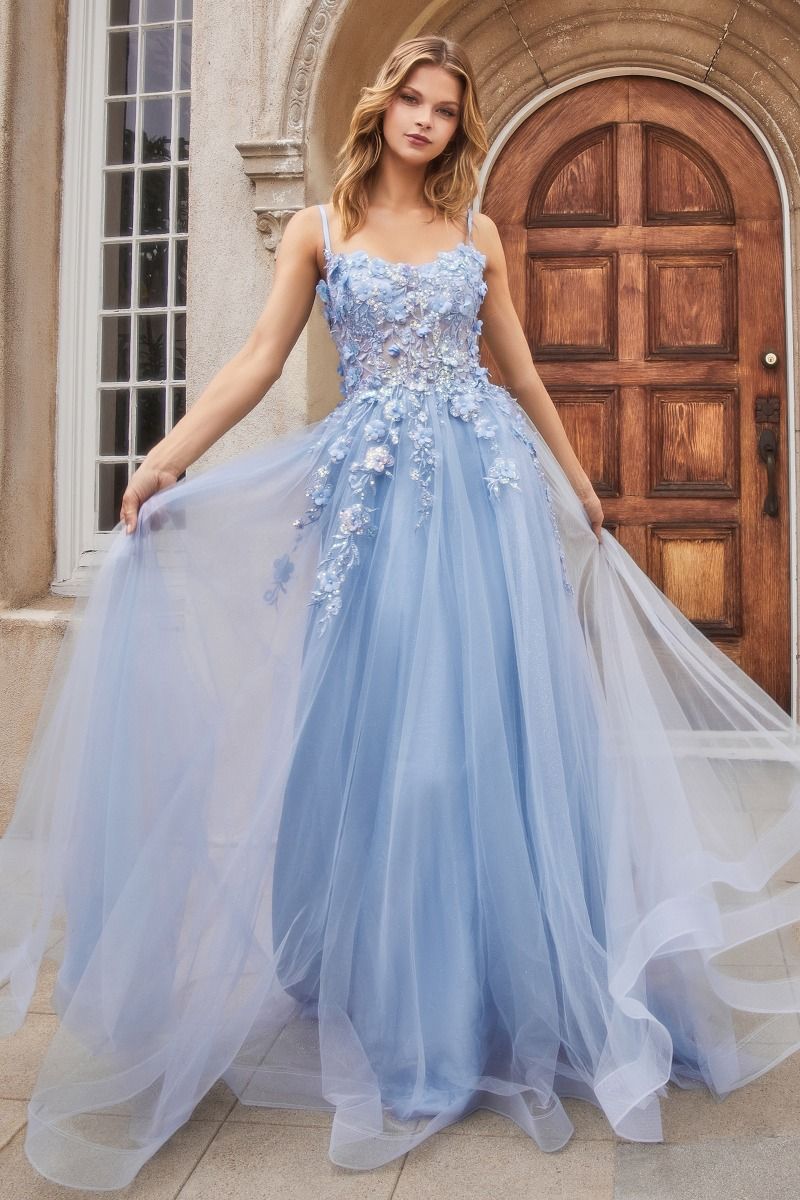 Floral Applique A-Line Scoop Neck Adjustable Open Back Bodice Long Boho & Prom Dress CDA1142